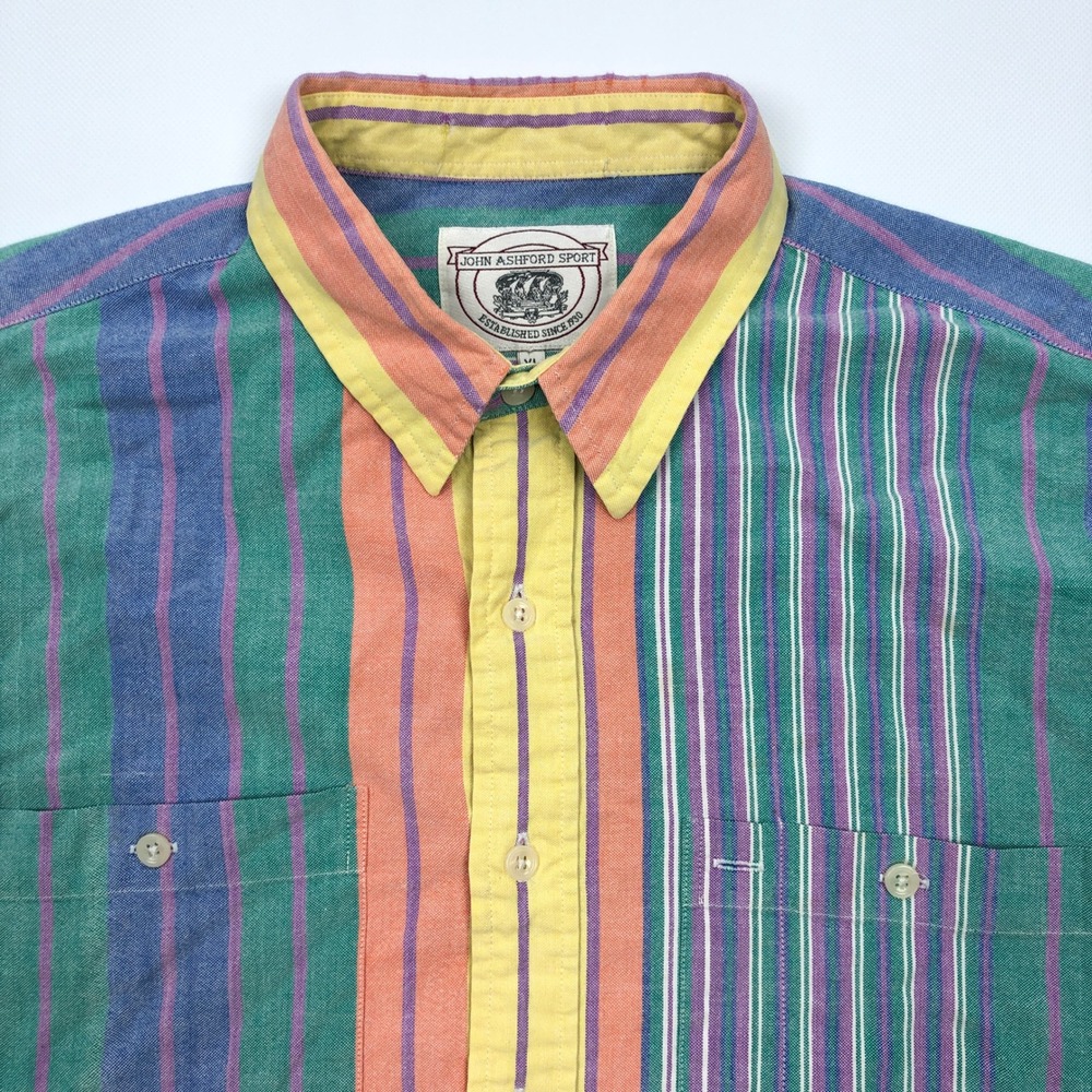 Vintage 90s John Ashford Sport Mens XL Striped Short Sleeve Shirt Boxy - Picture 2 of 8